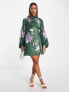 Фото #4 товара ASOS DESIGN satin embroidered mini dress with floral artwork in green