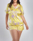 Plus Size Satin Print 2 Piece Notched Short Sleeve and Shorts Pajama Set