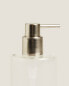 Borosilicate bathroom soap dispenser with text