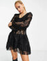 Reclaimed Vintage inspired long sleeve tie front lace mini dress in black