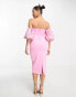 Фото #6 товара ASOS DESIGN Petite bardot puff sleeve midi dress with floral sequin embellishment in pink