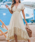 ფოტო #3 პროდუქტის Women's Neutral V-Neck Ruffled Sleeve Lace Hem Midi Beach Dress