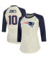 Фото #1 товара Women's Threads Mac Jones Cream, Navy New England Patriots Player Name and Number Raglan 3/4-Sleeve T-shirt