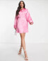 ASOS DESIGN Tall shoulder pad gathered waist mini satin shirt dress in pink