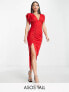 Фото #1 товара ASOS DESIGN Tall plunge neck ruched side midi dress with split in red