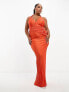 Фото #2 товара ASOS DESIGN Curve plunge halter cowl back plisse maxi dress in orange