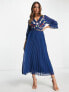 ASOS DESIGN lace insert pleated midi dress with embroidery in navy