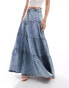 DTT ruffle denim maxi skirt in blue acid wash