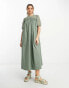 ASOS DESIGN crochet sleeve and neck detail midi smock dress in sage green