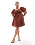 Фото #1 товара ASOS DESIGN Curve puffed sleeve smock mini dress in brown