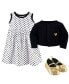 Фото #2 товара Infant Girl Cotton Dress, Cardigan and Shoe 3pc Set, Black Dot