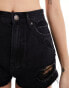 Pull&Bear high waisted ripped Mom denim shorts in black Черный, 42 - фото #5