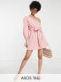 ASOS DESIGN Tall one shoulder belted beach mini dress in pink super crinkle