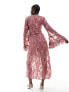 Фото #10 товара ASOS DESIGN burnout floral wrap midi dress with flared sleeves in dark rose