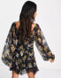 Фото #4 товара ASOS DESIGN ruched puff sleeve mini dress in black based floral