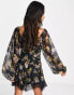 ASOS DESIGN ruched puff sleeve mini dress in black based floral