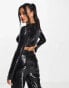 Фото #2 товара Kaiia sequin underbust detail crop top co-ord in black