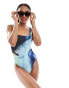 ASOS DESIGN Tall Whitney square neck swimsuit in blue watercolour