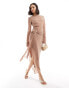 Фото #1 товара ASOS DESIGN slash neck chiffon asymmetric midi dress with liquid gold belt detail in mink