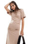 ASOS DESIGN crew neck midaxi t shirt dress with ruched sides in beige