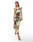 ASOS DESIGN satin off shoulder draped midi dress with split in lime floral print Blumenprint in Limettengrün, 38 - фото #1