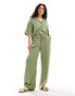 Vila linen touch tie waist wide leg trousers co-ord in green