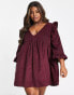 Фото #8 товара ASOS DESIGN Curve cord mini smock dress with ruffle shoulder in dark berry