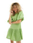 Фото #1 товара Monki short balloon sleeve mini dress with pleated volume bottom in green