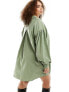 ASOS DESIGN Curve boyfriend shirt mini dress with blouson sleeve in olive