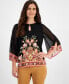 ფოტო #1 პროდუქტის Petite Keyhole-Neck Border-Print Top, Created for Macy's