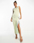 Фото #1 товара ASOS DESIGN one shoulder satin midaxi dress with contrast lace inserts in pale green