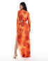 Фото #3 товара ASOS DESIGN plisse long sleeve cut out detail maxi dress in orange floral