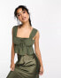 Фото #1 товара Only cropped peplum top with tie detail in khaki