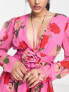 Фото #3 товара ASOS DESIGN long sleeve mini dress with neck ties and corsage in pink floral print