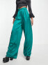 Фото #4 товара Flounce London Tall satin pleated wide leg trousers in emerald