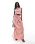 In The Style exclusive satin ruched frill detail halterneck top co-ord in rose pink