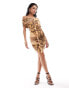 Фото #2 товара ASOS DESIGN bardot ruffle front mini dress in brown animal print