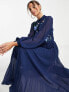 Фото #4 товара ASOS DESIGN Tall high neck pleated long sleeve skater midi dress with embroidery in navy