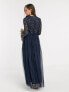 Фото #3 товара Maya Petite Bridesmaid long sleeve maxi tulle dress with tonal delicate sequin in navy