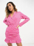 Фото #1 товара In The Style wrap shirt dress with ruched ruffle hem in pink spot print