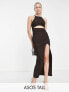 ASOS DESIGN Tall square neck structured midi dress with drape skirt in chocolate