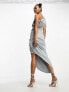 ASOS DESIGN fallen shoulder draped ring detail midi dress in soft grey