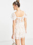 Love Triangle puff sleeve skater dress in white leaf lace