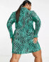 ASOS DESIGN Curve plisse long sleeve mini shirt dress in green zebra