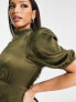 ASOS DESIGN Tall high neck puff sleeve mini satin dress in khaki