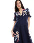 Hope & Ivy embroidered plunge front midi dress in navy