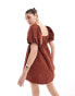 Фото #3 товара ASOS DESIGN puffed sleeve smock mini dress in brown