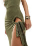 ASOS DESIGN one sleeve maxi dress with cutout and drawstring in khaki