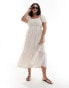 Esmee Curve ruched puff sleeve gingham maxi beach dress in beige and white