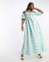 The Frolic check off-shoulder shirred maxi dress in blue